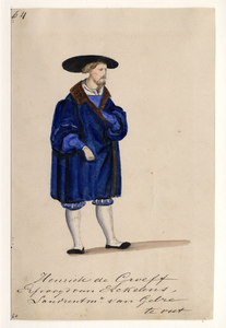32742 Afbeelding van een kostuumontwerp van Henrick de Groeff, erfvoogd van Erkelens, landrentmeester van Gelre, ...